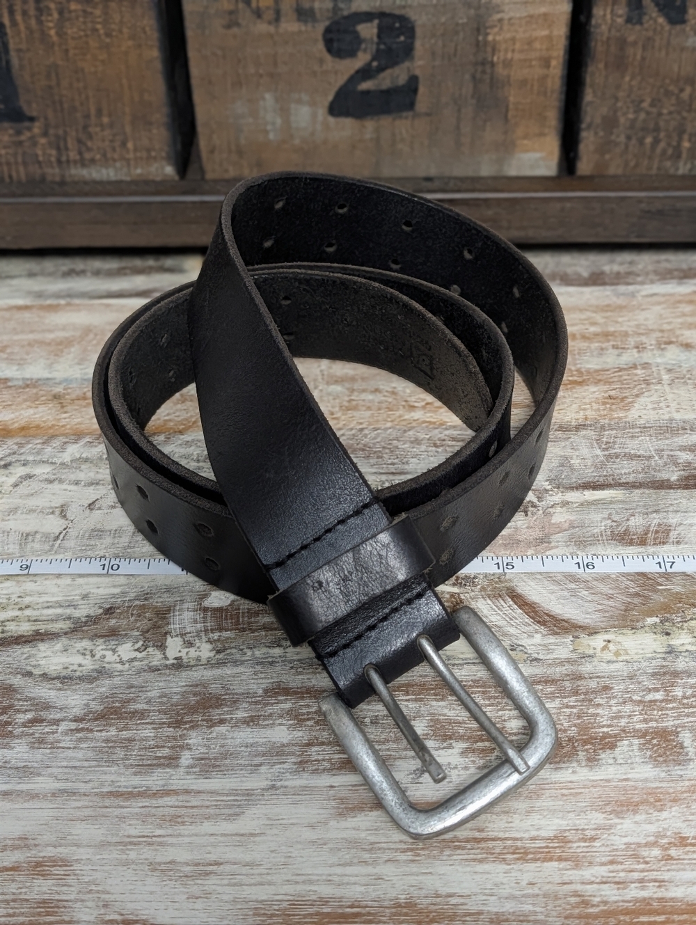 Stone Mountain Black Genuine Leather Belt Large 38-40 Double Prong Pewter Buckle